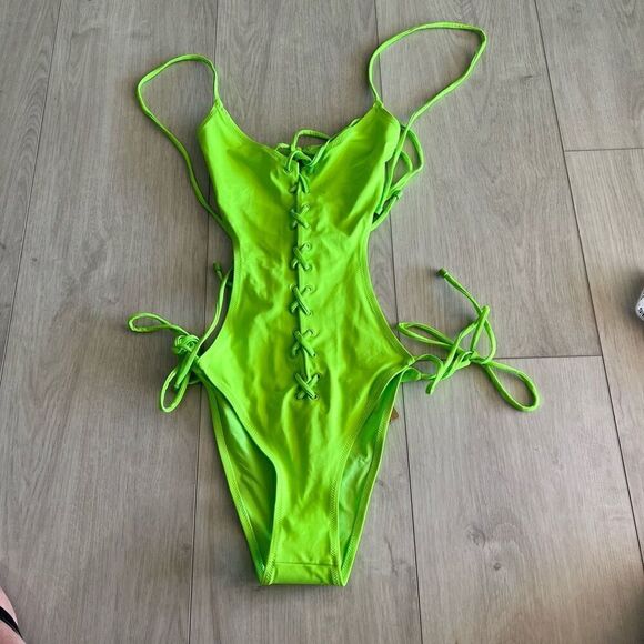 SKIMS Swim Lace Up Monokini Neon Green Sz L - Picture 1 of 7